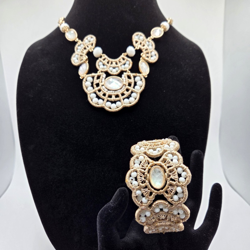 Lonna & Lilly Gold Tone White Bead‎ Frontal Necklace And Bracelet Cuff Bohemian